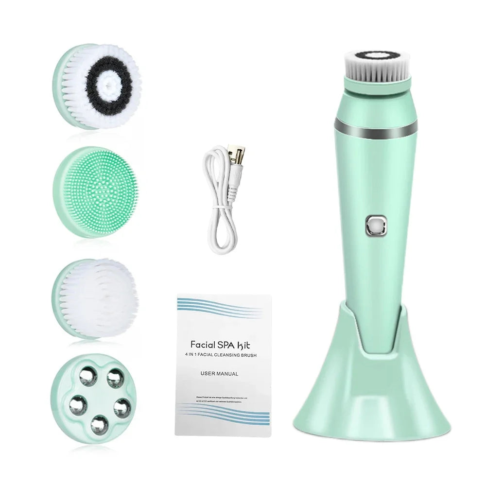 4 IN 1 Electric Facial Cleansing Brush Sonic Waterproof Rotate Rechargeable Face Cleaning Tool Pore Cleaner Facial Skin Machine