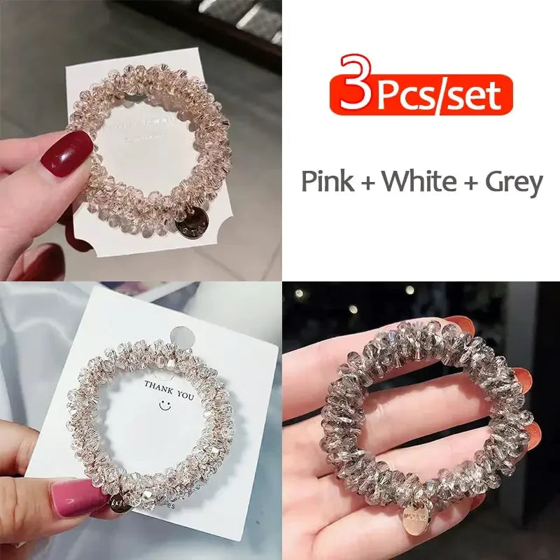 3pcs Full Beads Hair Tie Crystal Hair Ties Elastic Hair Scrunchies Faux Pearl Hair Ropes Ponytail Holders Hair Accessories For W