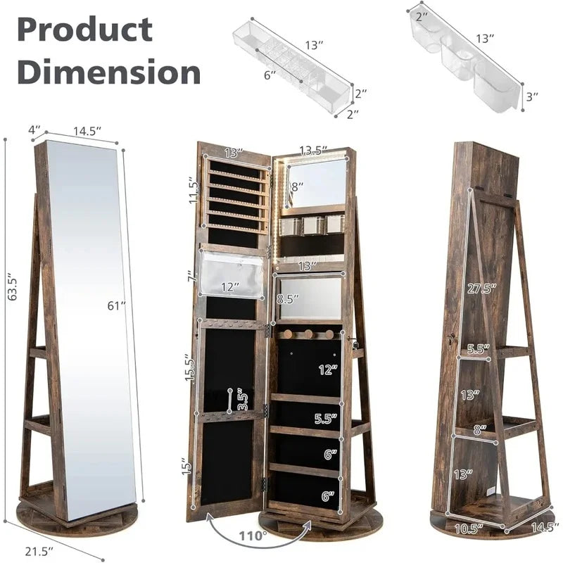 Jewelry Armoire with Full Length Mirror, 63.5" H, 360° Swivel, Rear Storage Shelves