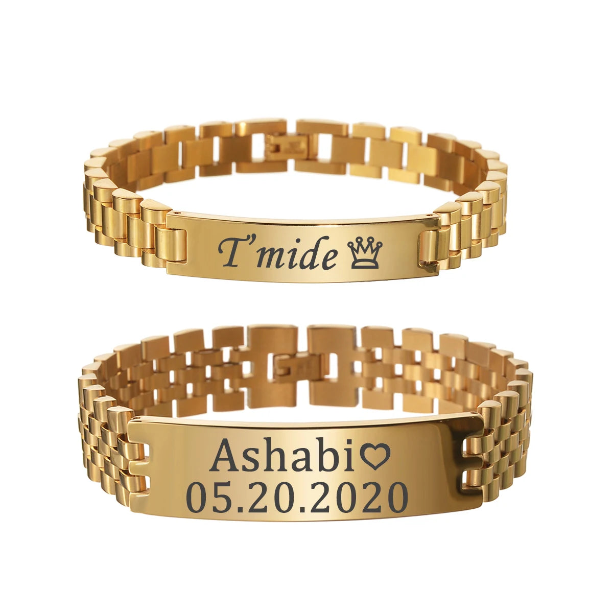 Atoztide 10mm Punk Men Personalised Engraved Name Date Bracelets for Women Thick Chain Stainless Steel Jewelry Bangle Gift