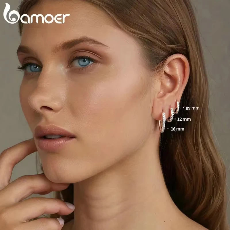 BAMOER 925 Sterling Silver Classic CZ Huggie Hoop Earrings, White Gold Plated Cartilage Piercing Earrings Ear Cuff for Women