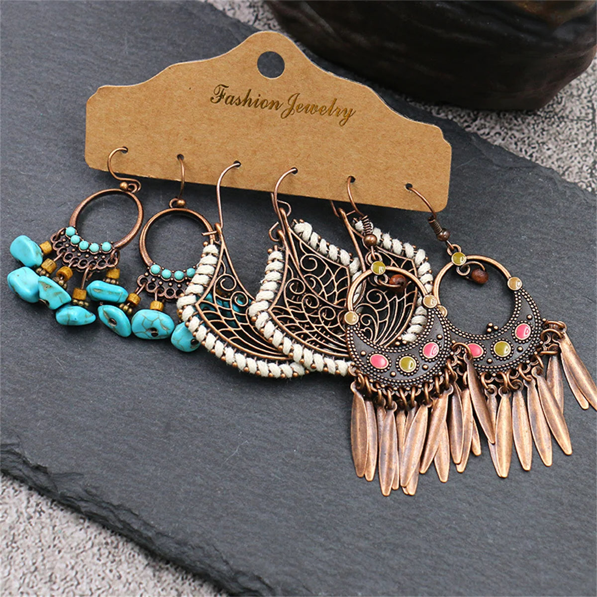 Boho Ethnic Vintage Geometric Earrings Set For Women Fashion Hollow Metal Waterdrop Round Leaf Tassel Drop Earring Party Jewelry