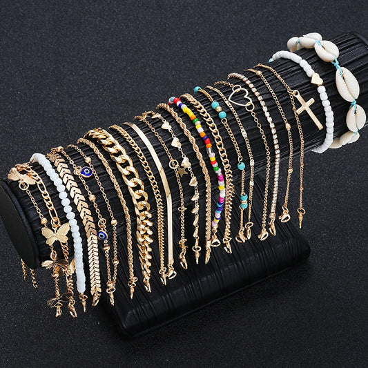 23Pcs Bohemian Summer Beach Anklet Set For Women Vintage Butterfly Heart Crystal Pendant Foot Bracelets Fashion Jewelry Gift New