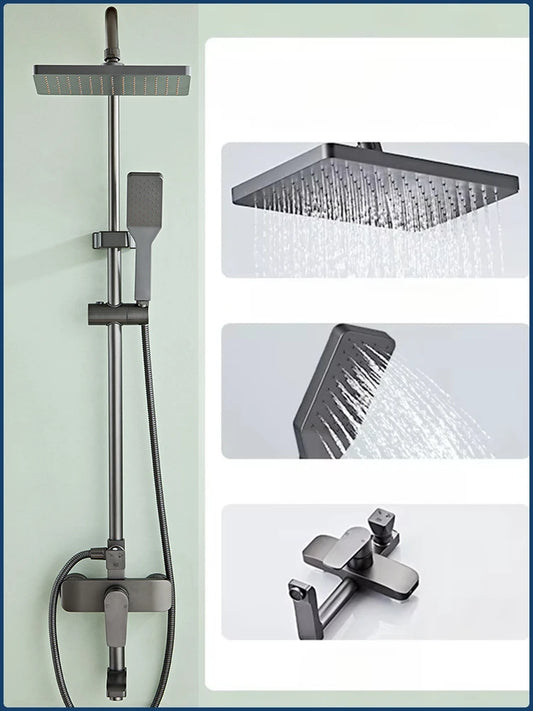 Grey Bathroom Shower Set Space Aluminum Three-function Wall Mounted Rotatable Faucets Rainfall Pressurized Shower Systerm