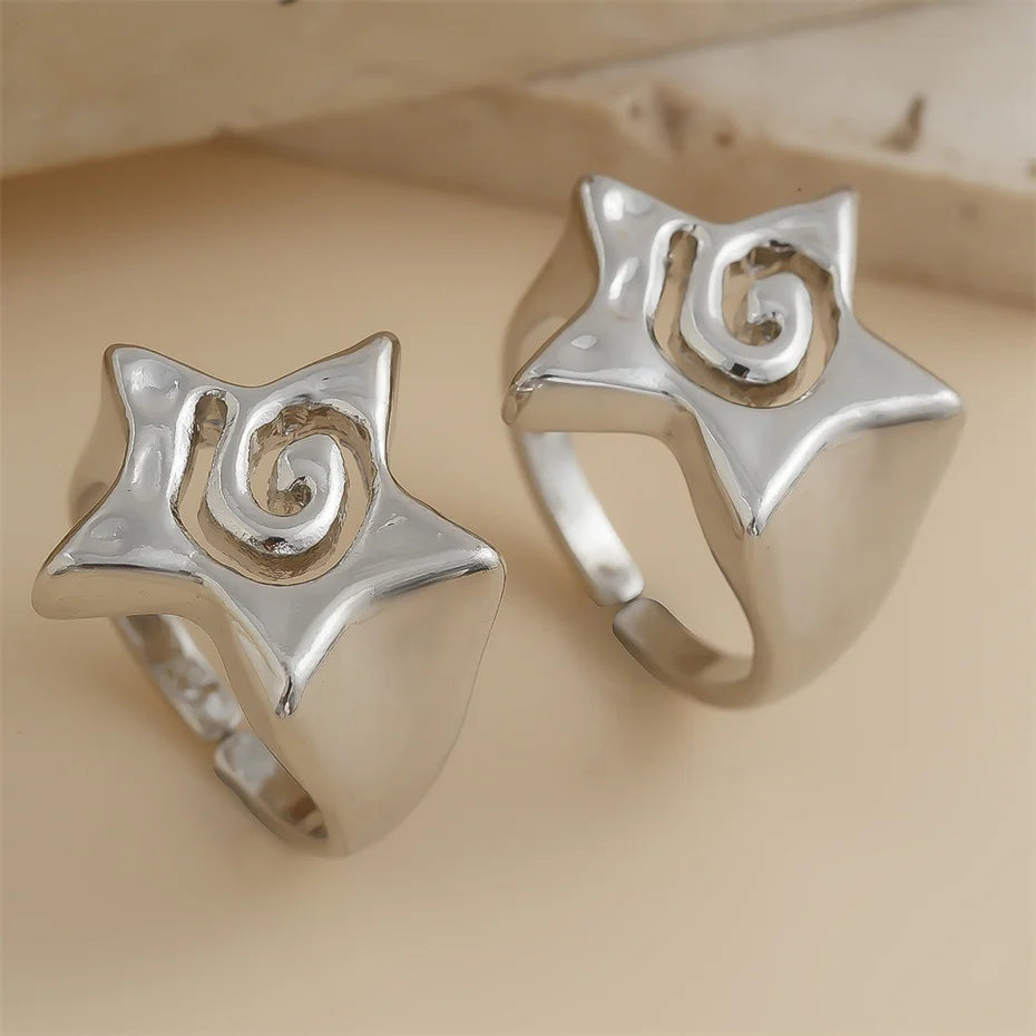 Ingemark 2Pcs/Set Vintage Punk Irregular Hollow Star Metal Open Rings for Women Gothic Adjustable Couple Rings Y2K Wed Jewelry