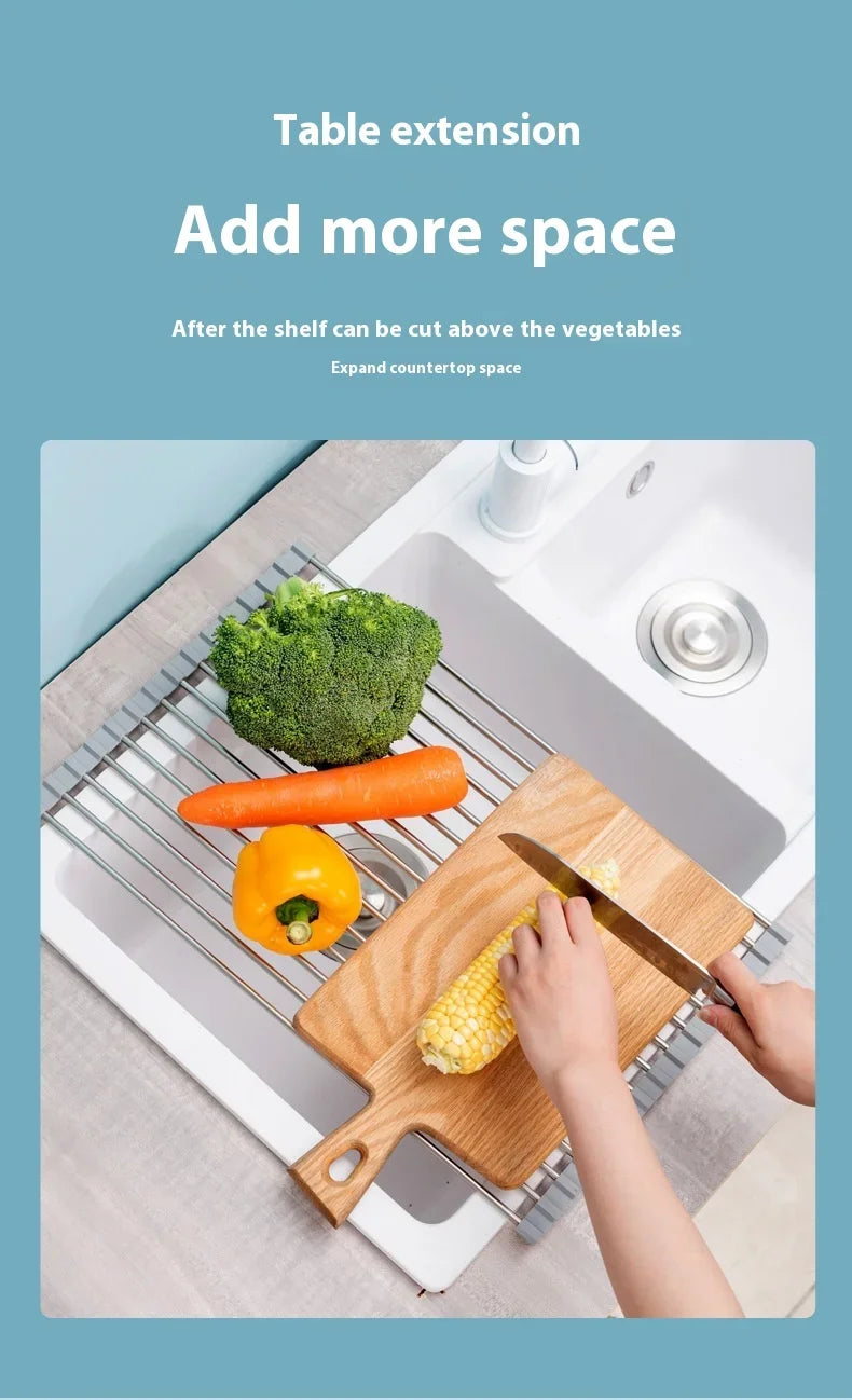 ZEXEF Roll Up Dish Drainer Shelf Stainless Steel Sink Drying Holder Foldable Food Rack Vegetable Washing Stand Kitchen Organizer