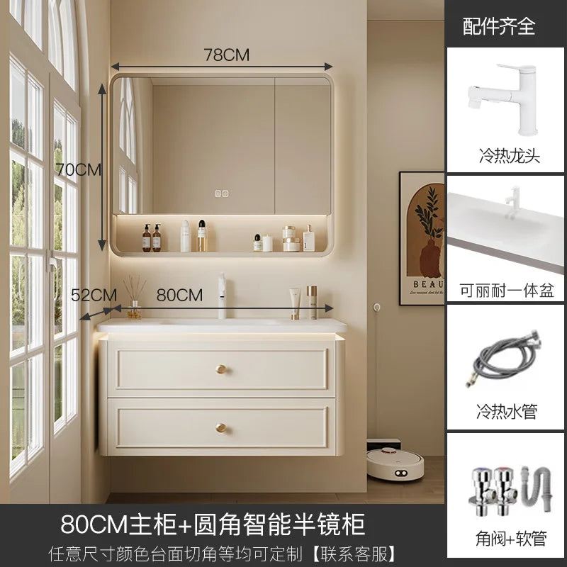 Modern Bathroom Cabinet Corian Integrated Ceramic Basin Oak Painted Cabinet French Premium Toilet Hand Wash Basin Combination