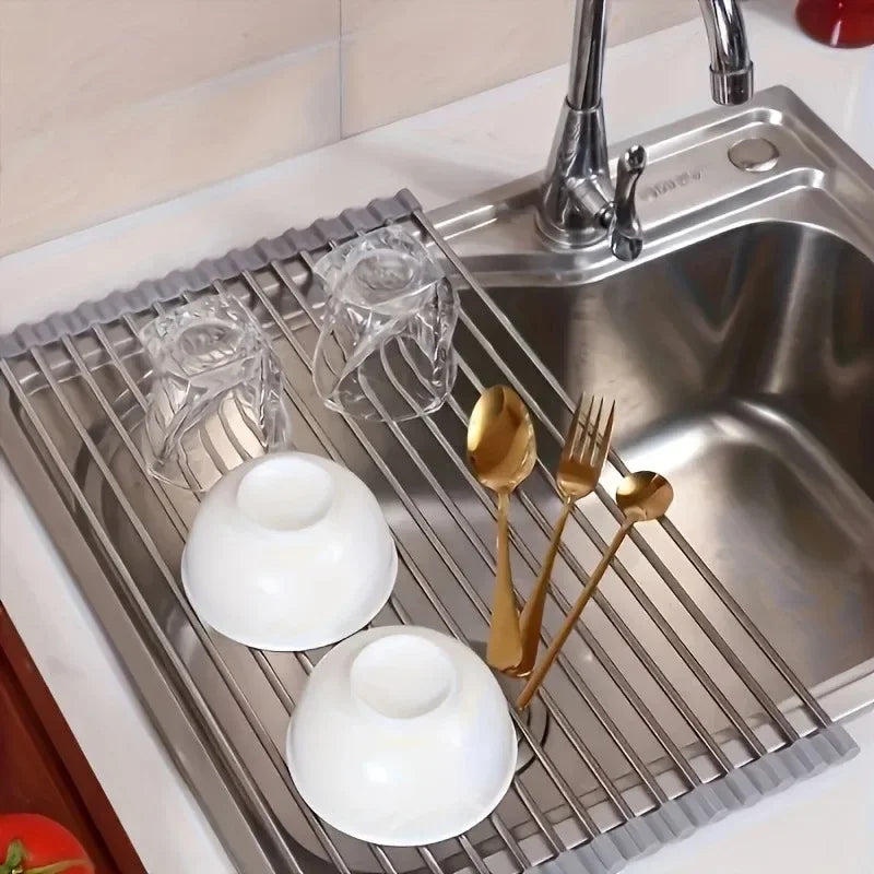 ZEXEF Roll Up Dish Drainer Shelf Stainless Steel Sink Drying Holder Foldable Food Rack Vegetable Washing Stand Kitchen Organizer
