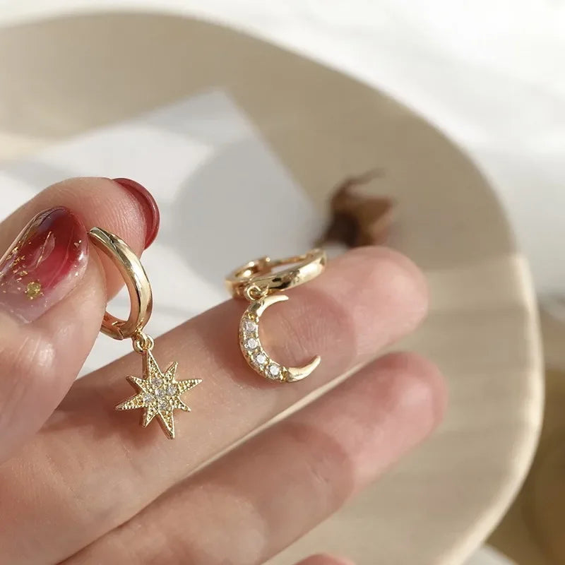 Minimalist Crystal Zirconia Stars Moon Huggie Hoop Earrings For Women Trendy Stainless Steel Circle Earrings Punk Rock Jewelry