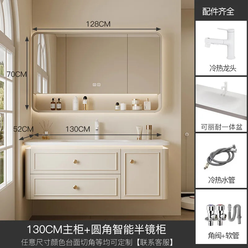 Modern Bathroom Cabinet Corian Integrated Ceramic Basin Oak Painted Cabinet French Premium Toilet Hand Wash Basin Combination