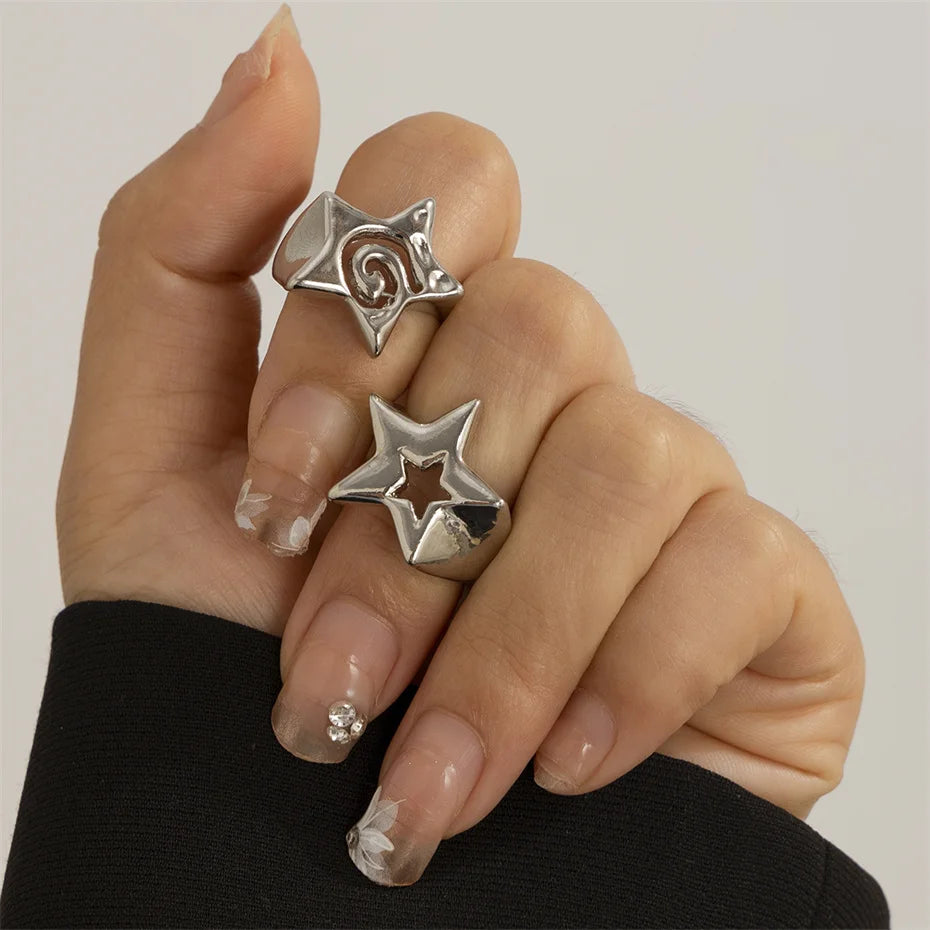 Ingemark 2Pcs/Set Vintage Punk Irregular Hollow Star Metal Open Rings for Women Gothic Adjustable Couple Rings Y2K Wed Jewelry