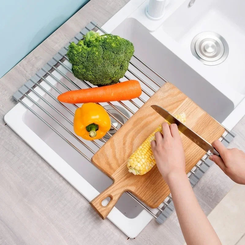 ZEXEF Roll Up Dish Drainer Shelf Stainless Steel Sink Drying Holder Foldable Food Rack Vegetable Washing Stand Kitchen Organizer