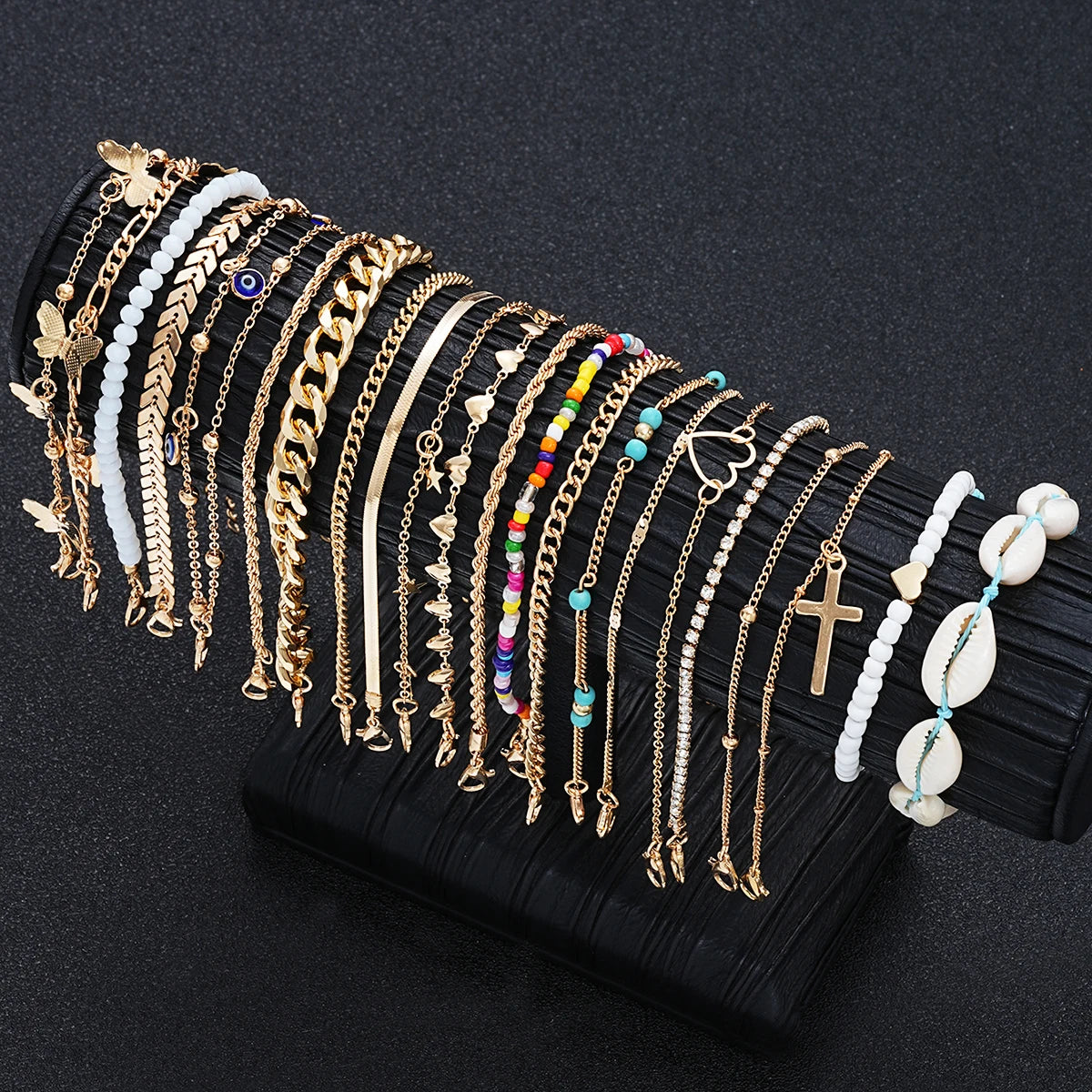 15pcs Bohemian Elegant Gold Color Anklets Set Shell Pearl Butterfly Heart Charms Multi-Layer Fashion Jewelry For Women Summer