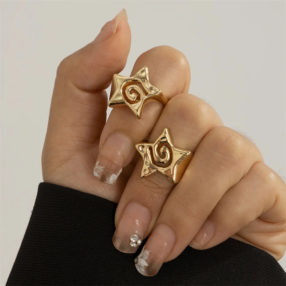 Ingemark 2Pcs/Set Vintage Punk Irregular Hollow Star Metal Open Rings for Women Gothic Adjustable Couple Rings Y2K Wed Jewelry