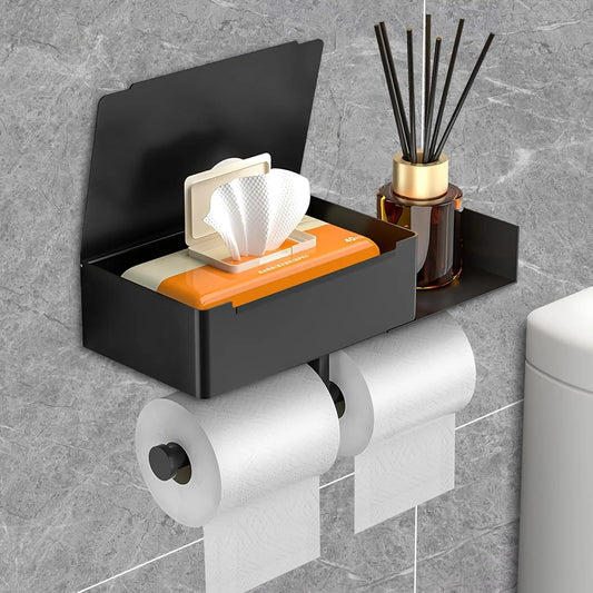 Toilet Paper Holder with Shelf Stainless Steel Paper Box Wall Mounted Wipes Holder for Bathroom Flushable Wipes Storage Holder