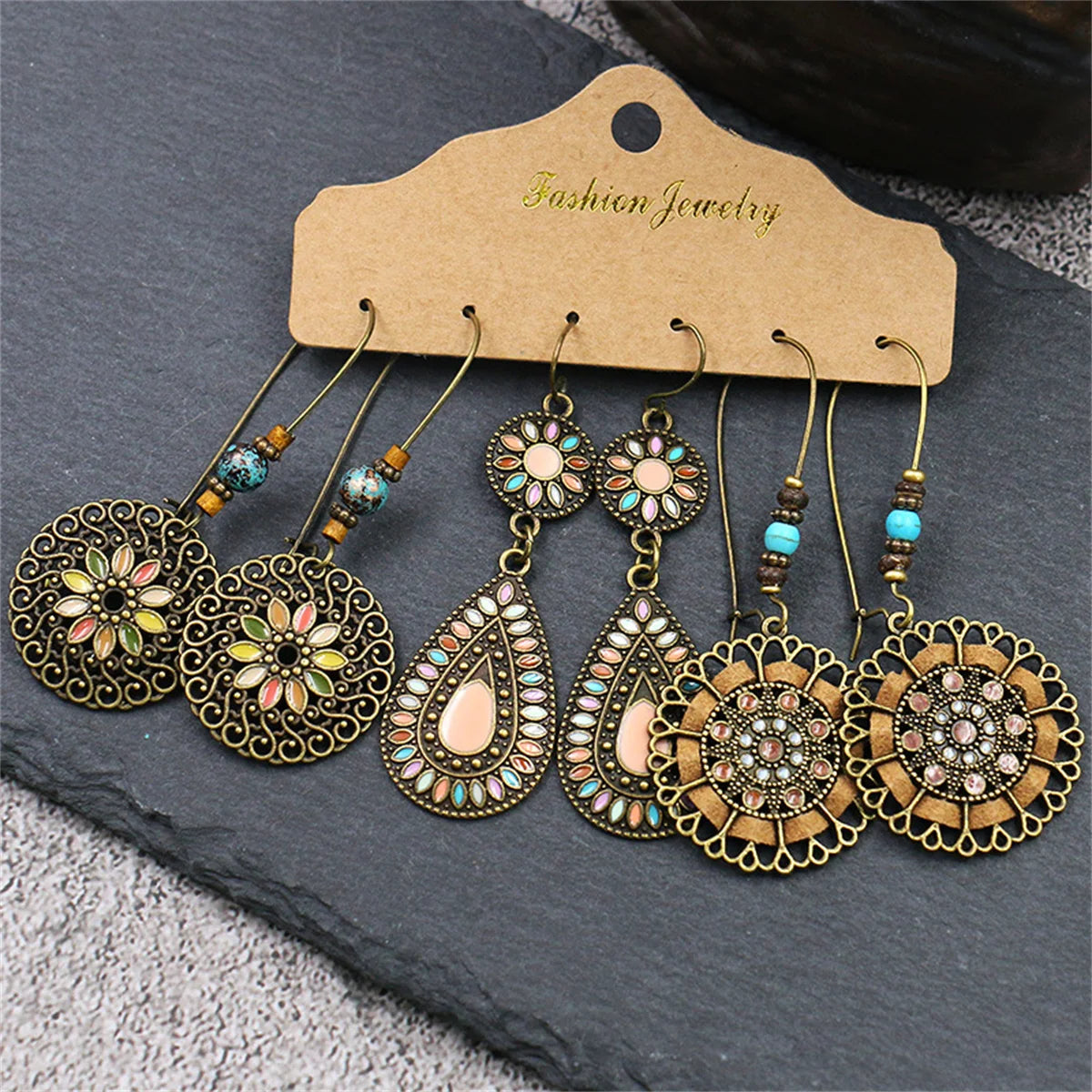 Boho Ethnic Vintage Geometric Earrings Set For Women Fashion Hollow Metal Waterdrop Round Leaf Tassel Drop Earring Party Jewelry