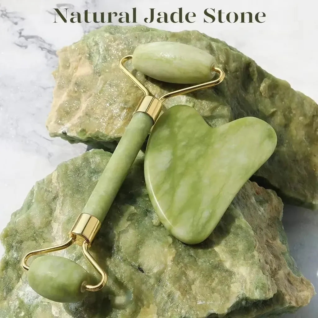 Green Natural Jade Roller Gua Sha Set Facial Body Massager Roller Face Lifting Beauty Massage Tools Rose Glass Quartz Massager