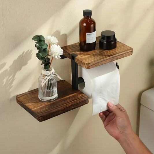 1 Wooden Wall Mounted Toilet Paper Holder Hanging Tissue Roll Dispenser, Iron Tissue Holder Bathroom Accessories