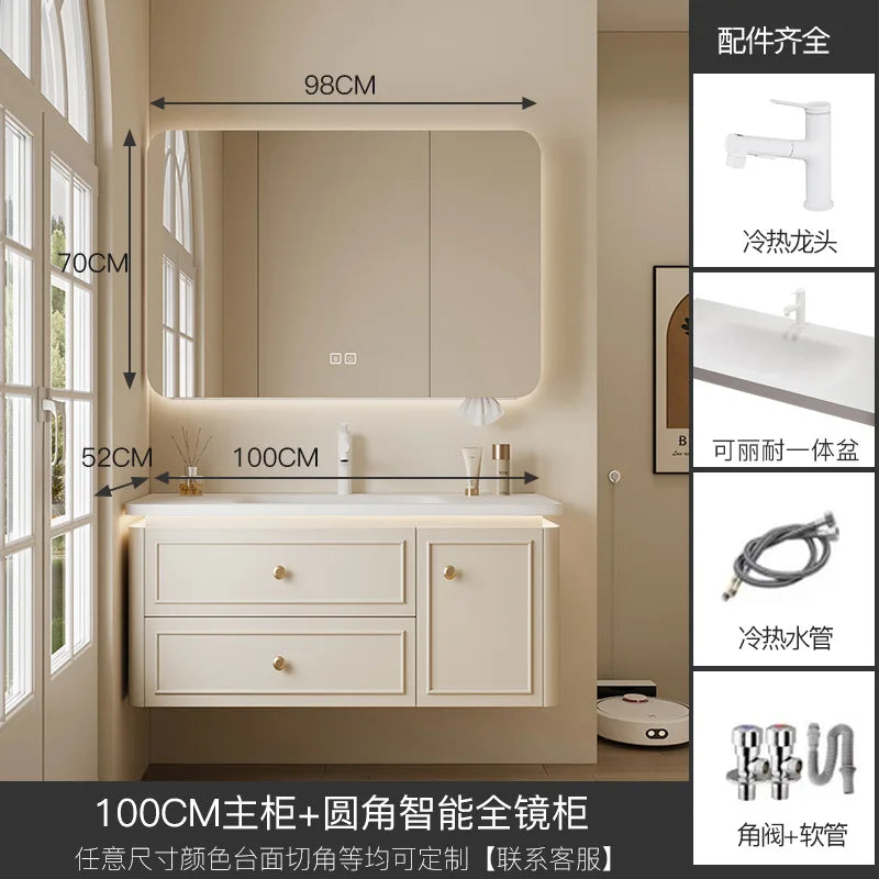 Modern Bathroom Cabinet Corian Integrated Ceramic Basin Oak Painted Cabinet French Premium Toilet Hand Wash Basin Combination