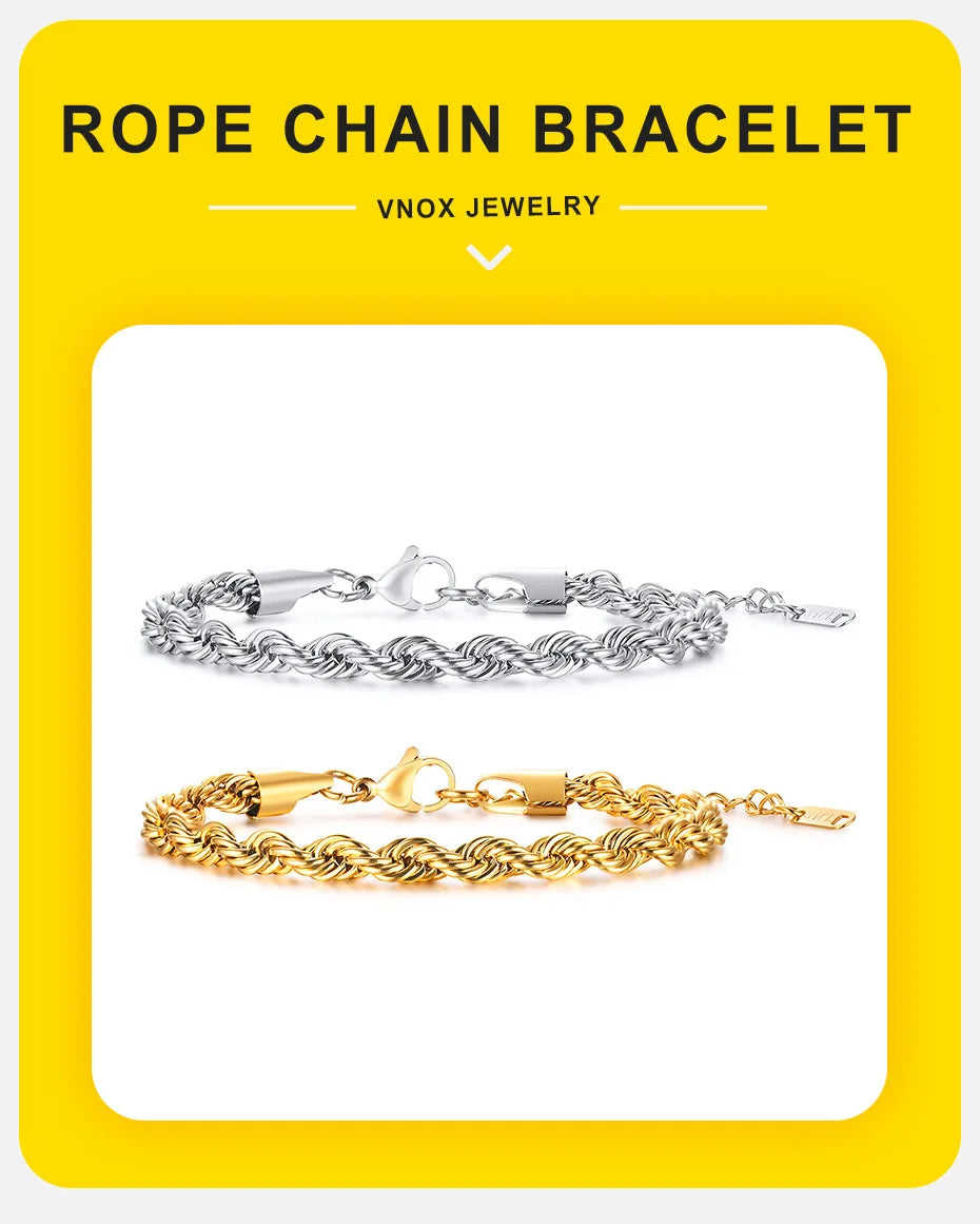 Vnox Unisex Rope Chain Bracelets for Men Women, Stainless Steel Twisted Links Chain Bracelet,Simple Classic Jewelry Gift for Him