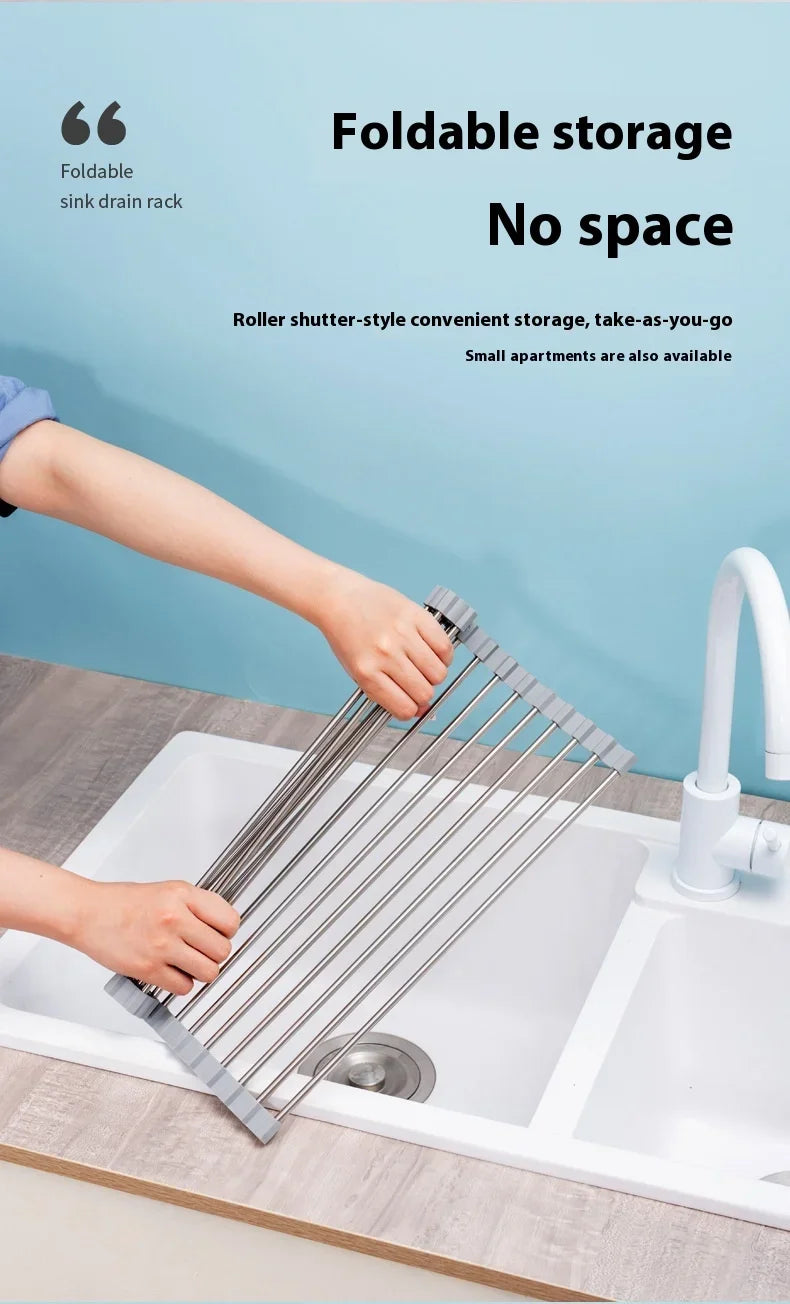 ZEXEF Roll Up Dish Drainer Shelf Stainless Steel Sink Drying Holder Foldable Food Rack Vegetable Washing Stand Kitchen Organizer