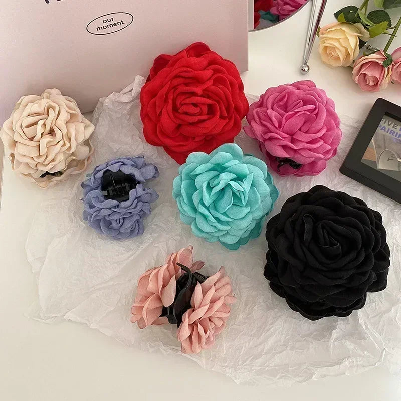 Korean Fabric Rose Flower Hair Claw Clip Women Girls Fashion Barrettes Plastic Hair Grab Clamp Headwear Hair Accessories