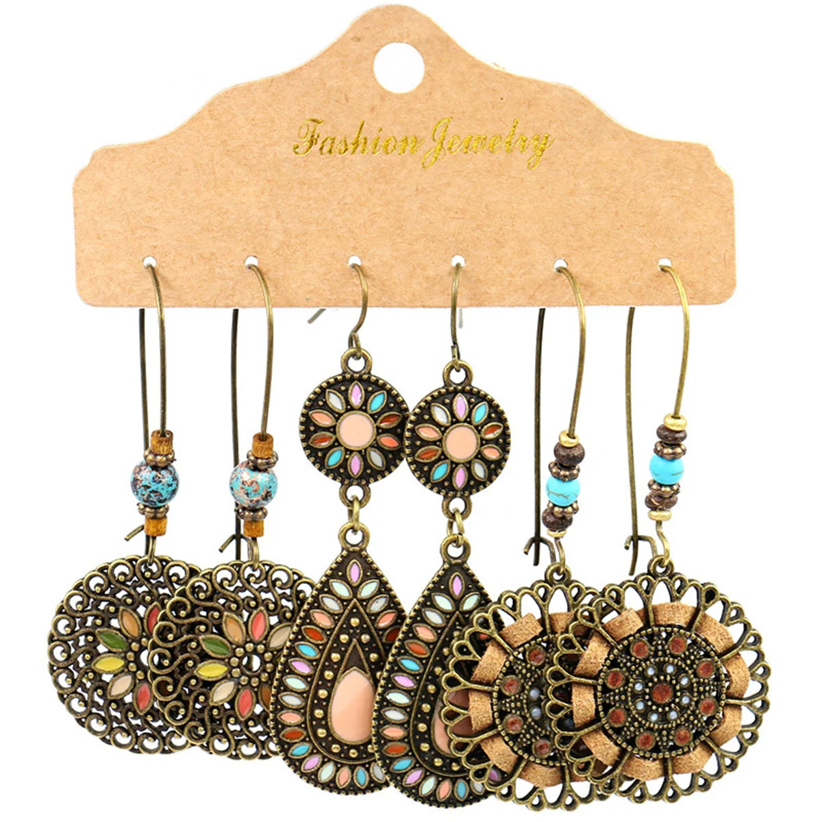 Boho Ethnic Vintage Geometric Earrings Set For Women Fashion Hollow Metal Waterdrop Round Leaf Tassel Drop Earring Party Jewelry