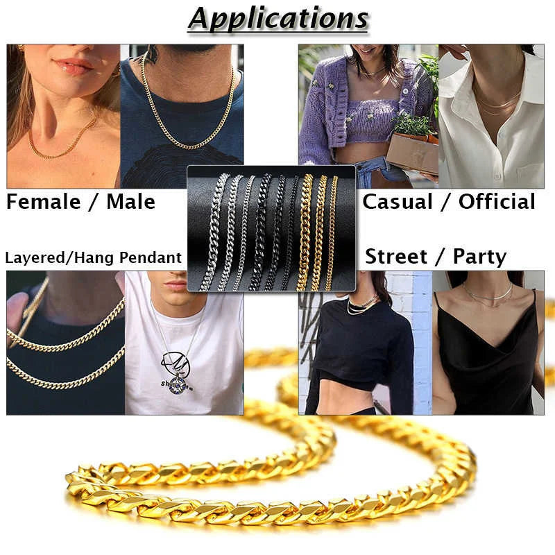 Vnox 3-7mm Cuban Chain Necklaces for Men Women, Stainless Steel Miami Curb Links Chain, Basic Cool Boy Collar