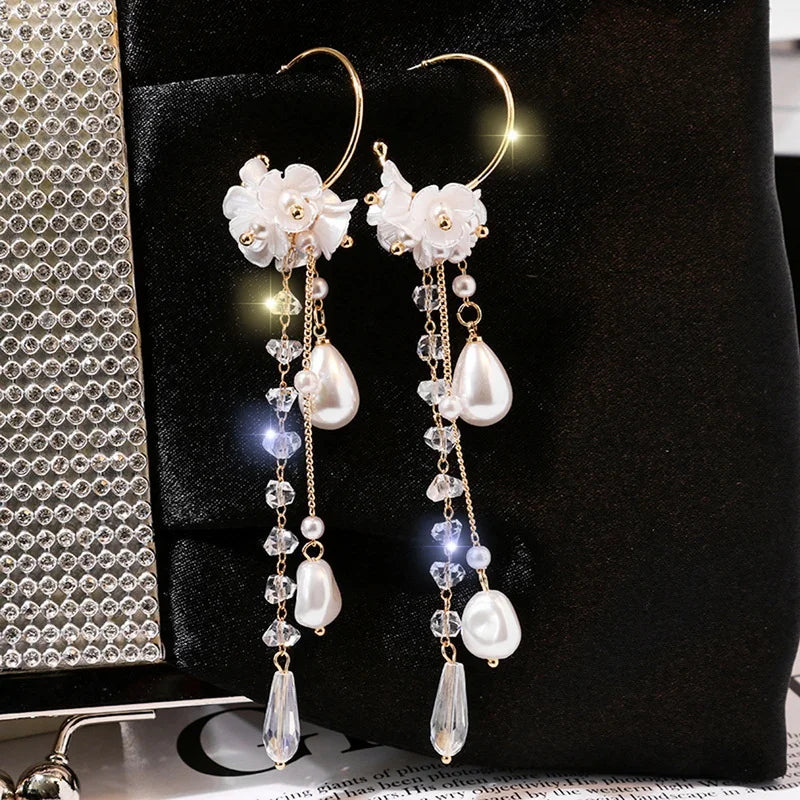 New Flower Bohemia Hanging Earrings Women Fashion Long Tassel Rhinestone Flowers Earring Female Wedding Party Jewelry Gift