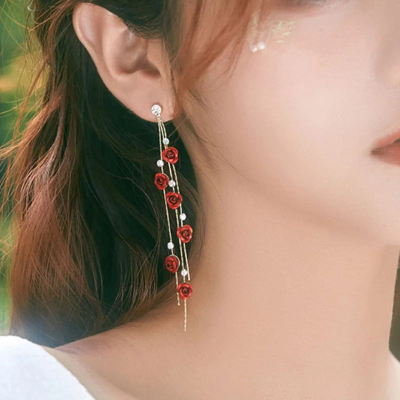 New Flower Bohemia Hanging Earrings Women Fashion Long Tassel Rhinestone Flowers Earring Female Wedding Party Jewelry Gift